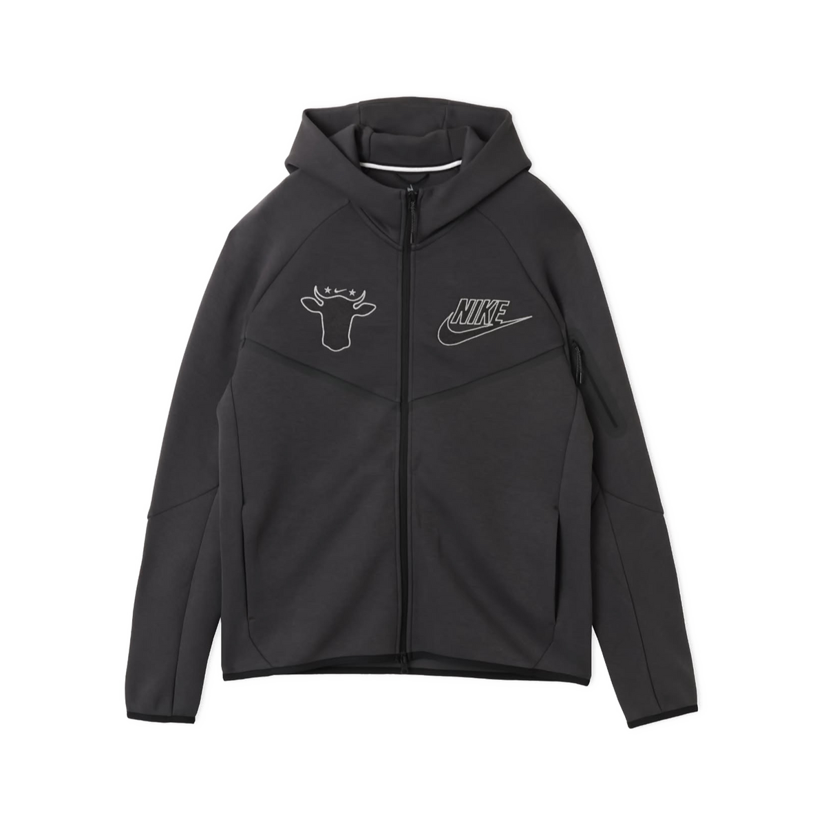 A black Nike full-zip hoodie with a white embroidered Wagyu logo on the left chest and a white Nike Swoosh on the right chest, displayed against a solid white background.