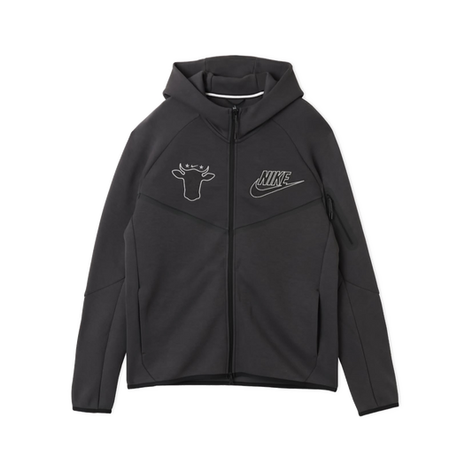 A black Nike full-zip hoodie with a white embroidered Wagyu logo on the left chest and a white Nike Swoosh on the right chest, displayed against a solid white background.